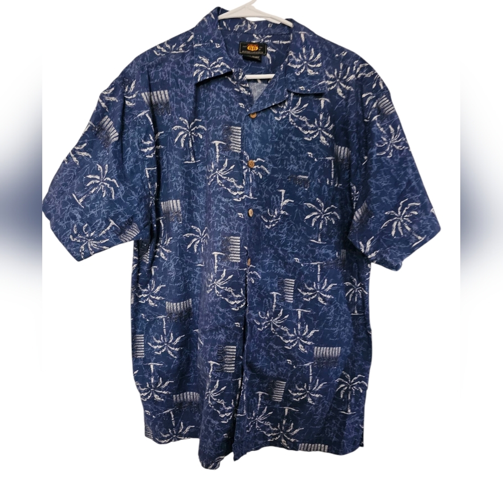 Vintage Route 66 Large Blue Casual Button Down Shirt with Tropical Print
